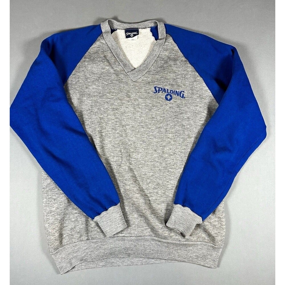 Vintage 80s 90s Spalding Sweatshirt Mens L Tall Gray Blue Raglan V Neck USA
